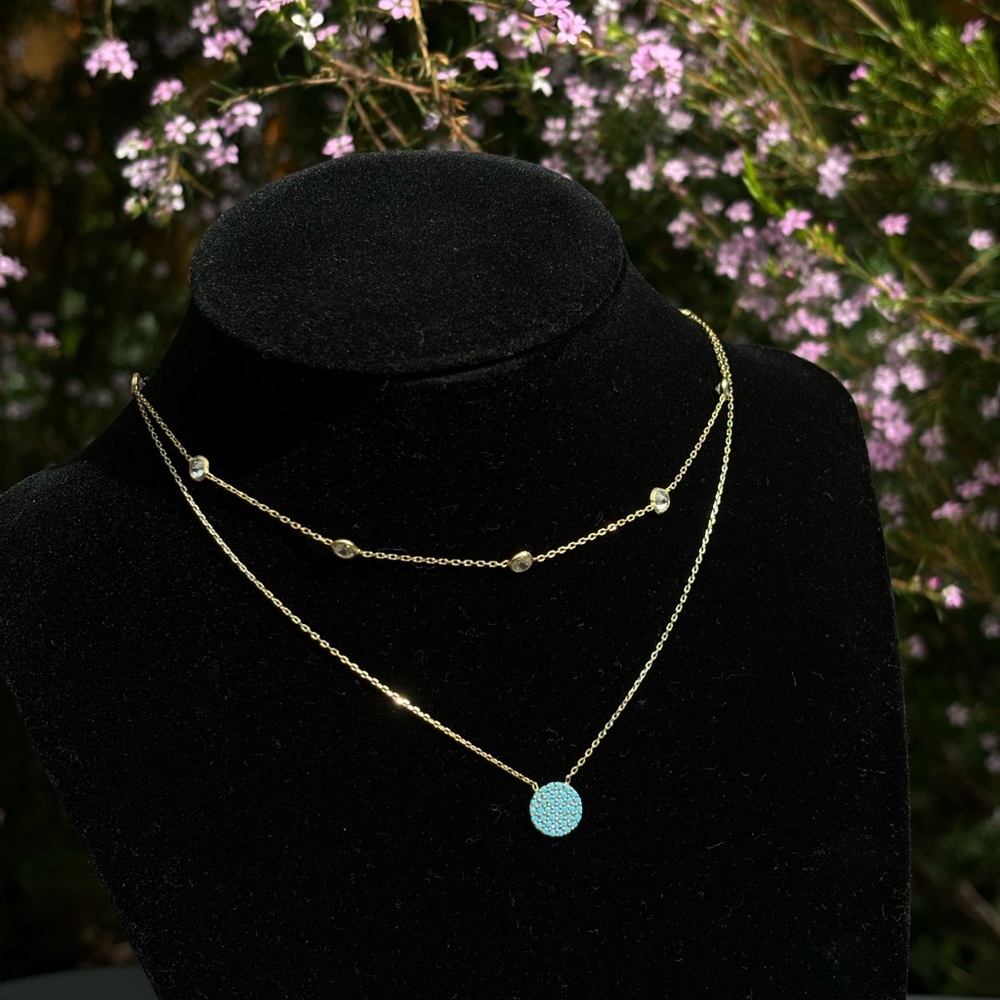 TURKEY 925 Sliver Necklace Layered Gold Tone CZ blue Circle Pendant Choker